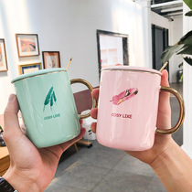 Nordic light luxury feather gold ceramic cup with lid with spoon creative mug business office Student Cup
