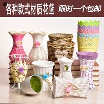 Weaving decoration handmade plastic ornaments vase flower arrangement dried flower living room flower basket fake flower wall hanging rattan simulation iron art