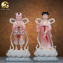 White marble painted good fortune boy dragon girl golden boy jade girl Buddha statue home offering Buddhist supplies god statue crafts