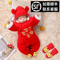 Newborn baby clothes plus velvet cotton winter clothes baby jumpsuit cotton red full moon 100 days dress New year