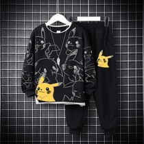 Boy plus velvet sweater spring and autumn suit 2021 New loose Tide brand Pikachu print childrens tide