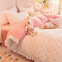 Girl heart milk velvet thickened four-piece set and suede bed skirt Princess wind quilt cover double-sided coral velvet warm winter