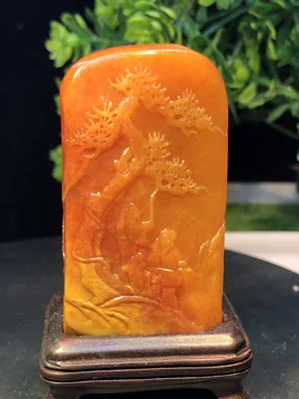 清 陳渭作 老寿山石 田黄石彫り 知足常樂 獅鈕印章」極細工 擺件