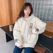 Autumn and winter New Korean loose Joker cashmere zipper cardigan female cute soft girl hooded warm coat tide