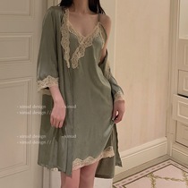 LA Monet Manor * Silk suspender night dress two-piece sexy lace home dress V-neck spring and autumn nightgown women