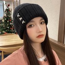 Big head black wool hat womens autumn and winter loose warm knitted hat ins Korea Joker hedge cold hat tide