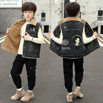 Denim Waistcoat Boy Spring Autumn Winter Plus Suede Thickened Kan Shoulder Children 2021 New CUHK Waistcoat Vest Outwear