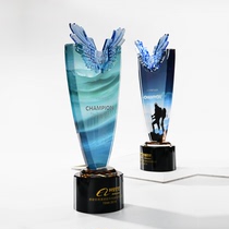 Blue eagle wings V-shaped victory trophy High-grade glass crystal trophy Excellent employee gift color printing trophy