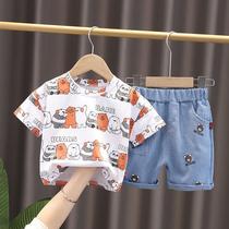 Childrens Western style cartoon three bears short-sleeved T-shirt men and women 2021 summer Korean version of the baby two-piece suit tide