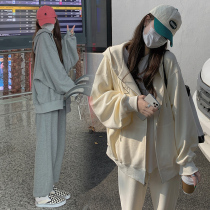 Pregnant womens suits spring and autumn outings long tide mom casual loose hooded sweater jacket sweatpants two-piece set