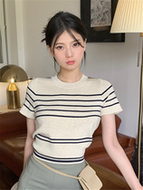French Girl Stripe Slim Short Sleeve Knitted T-shirt Women 2021 Summer New Contrast Thin Round Neck Women