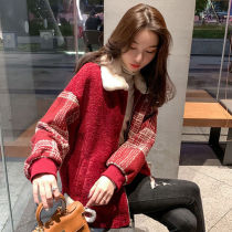 2021 new autumn and winter Joker small fragrant wind short red plaid short loose lamb wool coat women