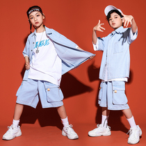 Childrens hip-hop suit Girls  hip-hop brand jazz dance performance suit Summer hip-hop catwalk boys denim clothing trend suit
