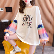 Pregnant Womens Autumn 2021 New Color Blend Medium Long T-shirt Spring and Autumn Korean Fashion Large Size Loose Long Sleeve Top