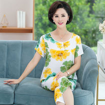 Mom pajamas summer cotton silk short-sleeved two-piece suit artificial cotton large size can be worn outside the elderly home service suit female