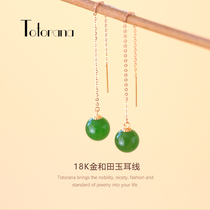 Natural Hetian Jade Jasper ear 18K gold earrings girl gift Japanese and Korean gold jewel gold inlaid jade earrings