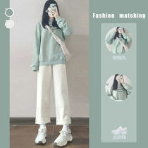 Autumn and winter salt set female students loose small Japanese round neck sweater elastic waist wide leg pants two-piece set