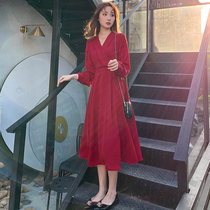 VSETAMELLE red dress women long sleeve 2021 Autumn New V-neck Hepburn style small red dress dress dress
