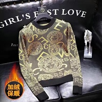 Mens 2021 autumn and winter New European station round neck fashion print mens base shirt shirt