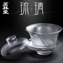 Mingqi Hall Ink Coloured Glass Cover Bowl Tea Cup Large Household Tea Sancai Tea Bowl Glass Thickened Kung Fu Tea Ware