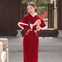 Red Red Rope Dress Long Sleeve Thickened Winter Young Young Bayer Clothes Shoulder of the Year Chinese Winter