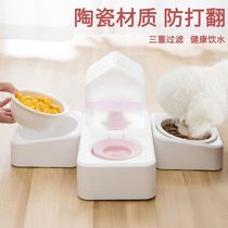 Dog bowl dog food bowl cat bowl ceramic dog food bowl anti-tipping double bowl three bowls cat water bowl automatic drinking water non-wet mouth