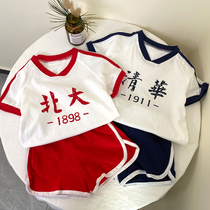 Male and female baby short sleeves suit Peking University Tsinghua Tong clothes childrens school uniforms girlsspring cruise summer style boys summer clothes