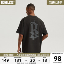 BONELESS Water Reflections B-letter printing short sleeves summer trend men and women American style loose cotton T-shirt