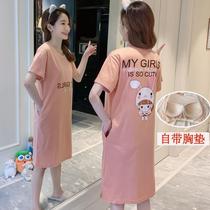 Night Dress female summer with chest pad pajamas Female summer student Korean version of cute cartoon ins wind short sleeves can be worn outside home clothes