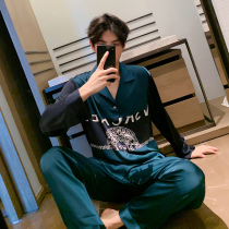 Ice silk pajamas mens spring and autumn mens four seasons long sleeves spring premium sense silk mens high-end home wear thin