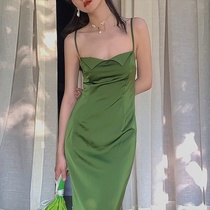 French Emerald green Sundress Spring   Summer 2021 Pleated Collar Slim silk long skirt(