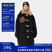 GARBEGE Magic Academy wind black thickened woolen coat 2022 autumn and winter new horn button trench coat