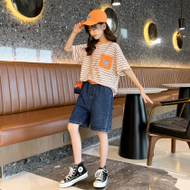 Net red girl Summer suit thin section 2022 new large children foreign air short sleeve T-shirt denim shorts two-piece set