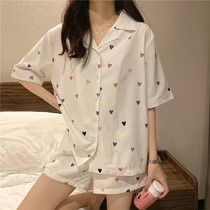 Pajamas female summer Korean ins students loose bf color love leisure home clothes two-piece set can be worn outside