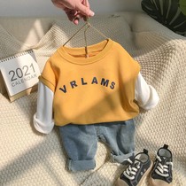 Cotton boy fake two-piece sweater 2021 autumn children long sleeve T-shirt treasure fashion tide round neck casual top tide