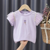 Girls flying sleeve T-shirt small children 2021 wild solid color New half sleeve children cotton summer purple