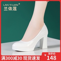 Cheongsam model catwalk shoes High heels thick-soled leather womens shoes waterproof platform thick heel white soft patent leather single shoes large size