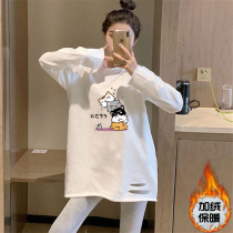 Long maternity long-sleeved T-shirt womens autumn and winter loose white velvet base shirt womens large size inside warm top
