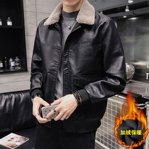 Rich Bird Mens lamb fur collar leather jacket autumn and winter New Korean version of the trend handsome plus velvet padded leather jacket