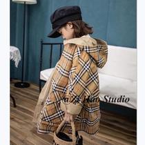 Korean childrens clothing girls Spring and Autumn foreign style long lattice windbreaker male children handsome two sides wearing hooded coat tide
