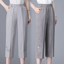Mom pants summer thin three-point pants cotton and hemp loose straight pants for the elderly elastic waist linen eight-point pants