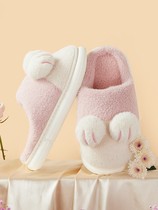 Autumn and winter cute cat claw cotton slippers female warm room with velvet couple thick bottom non-slip wool home male