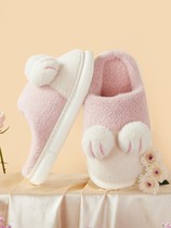 Autumn and winter cute cat claw cotton slippers female warm room with velvet couple thick bottom non-slip wool home male
