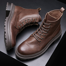  European station motorcycle Martin boots mens autumn and winter plus velvet high-top leather tooling boots middle-top mens cowhide boots tide