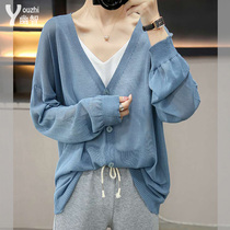Knitted sunscreen cardigan womens summer ice silk thin jacket Loose long-sleeved shawl imitation linen outer v-neck top