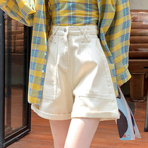 Beige denim shorts female summer Korean version of high waist loose slim design sense niche a wide leg hot pants tide ins
