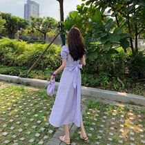 2021 summer new light and cold style womens high sense French tea break purple bow dress