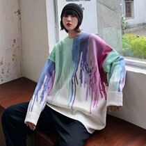 Tie-dyed sweater male hip-hop European and American style hiphop splashing ink high-grade sweater jacket autumn and winter jacket loose trend