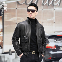 Haining leather leather mens slim Korean version handsome stand-up collar motorcycle sheepskin jacket young and middle-aged trend single leather jacket