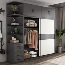 Gray cloth pattern solid wood multi-layer wardrobe home bedroom light luxury simple Nordic ecological splint sliding door cabinet